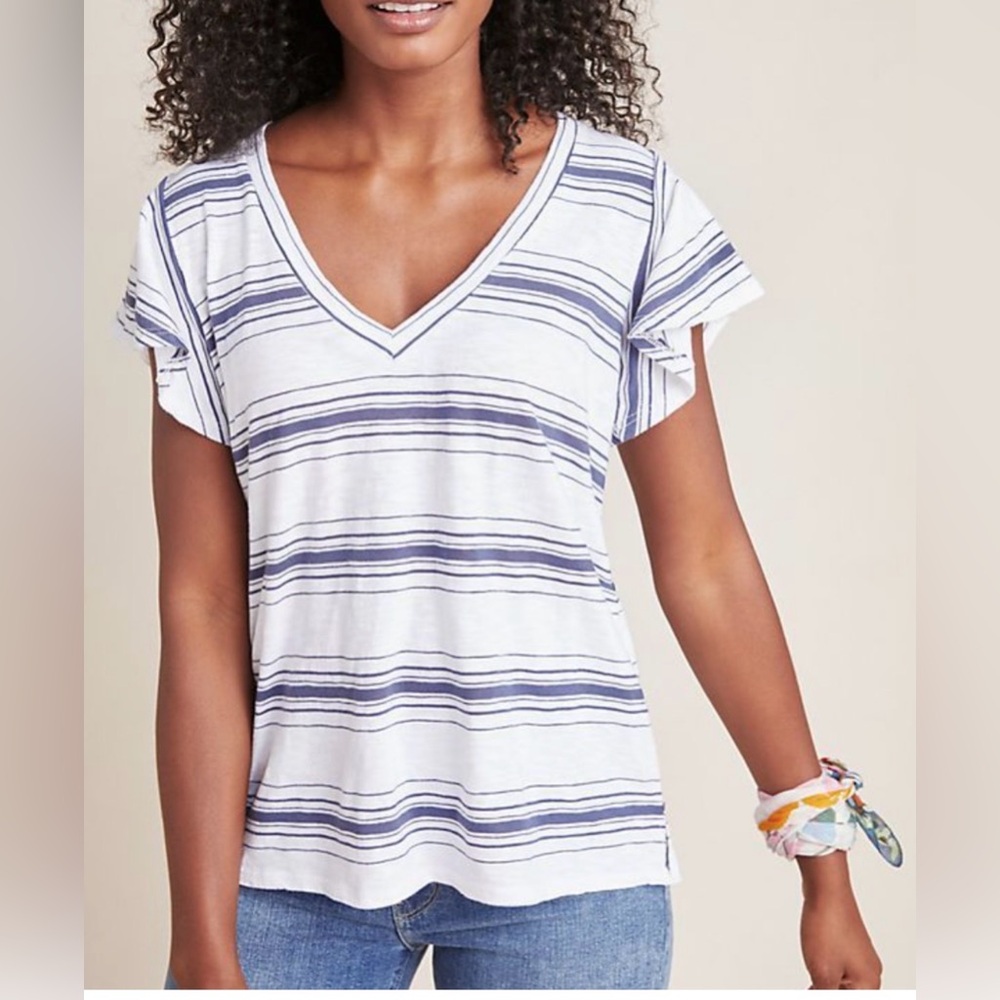 Anthropologie T.La  Blue and White Striped V-Neck Tee